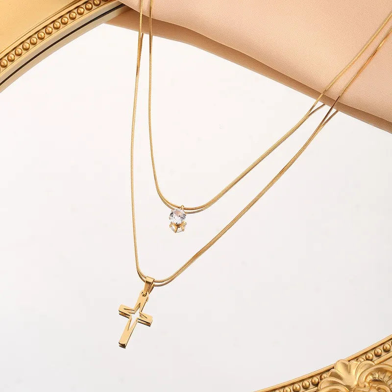 Wholesale Jewelry Novelty Streetwear Cool Style Cross 304 Stainless Steel 18K Gold Plated Plating Double Layer Necklaces