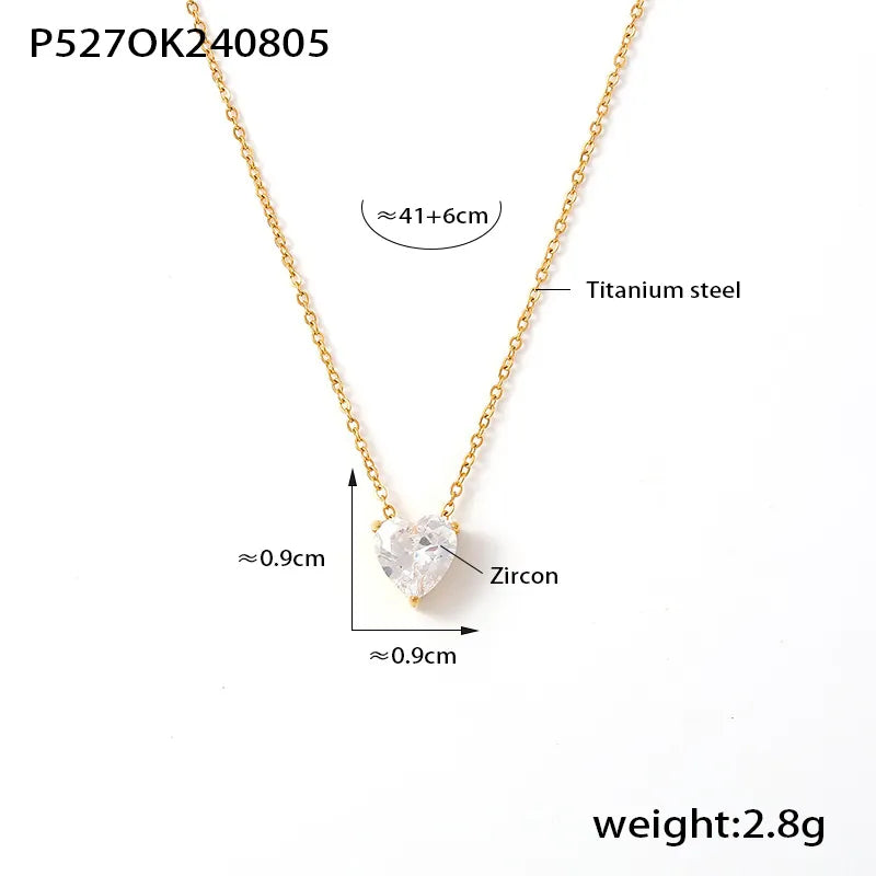 Wholesale Jewelry Princess Luxurious Simple Style Heart Shape Titanium Steel Zircon 18K Gold Plated Inlay Pendant Necklace