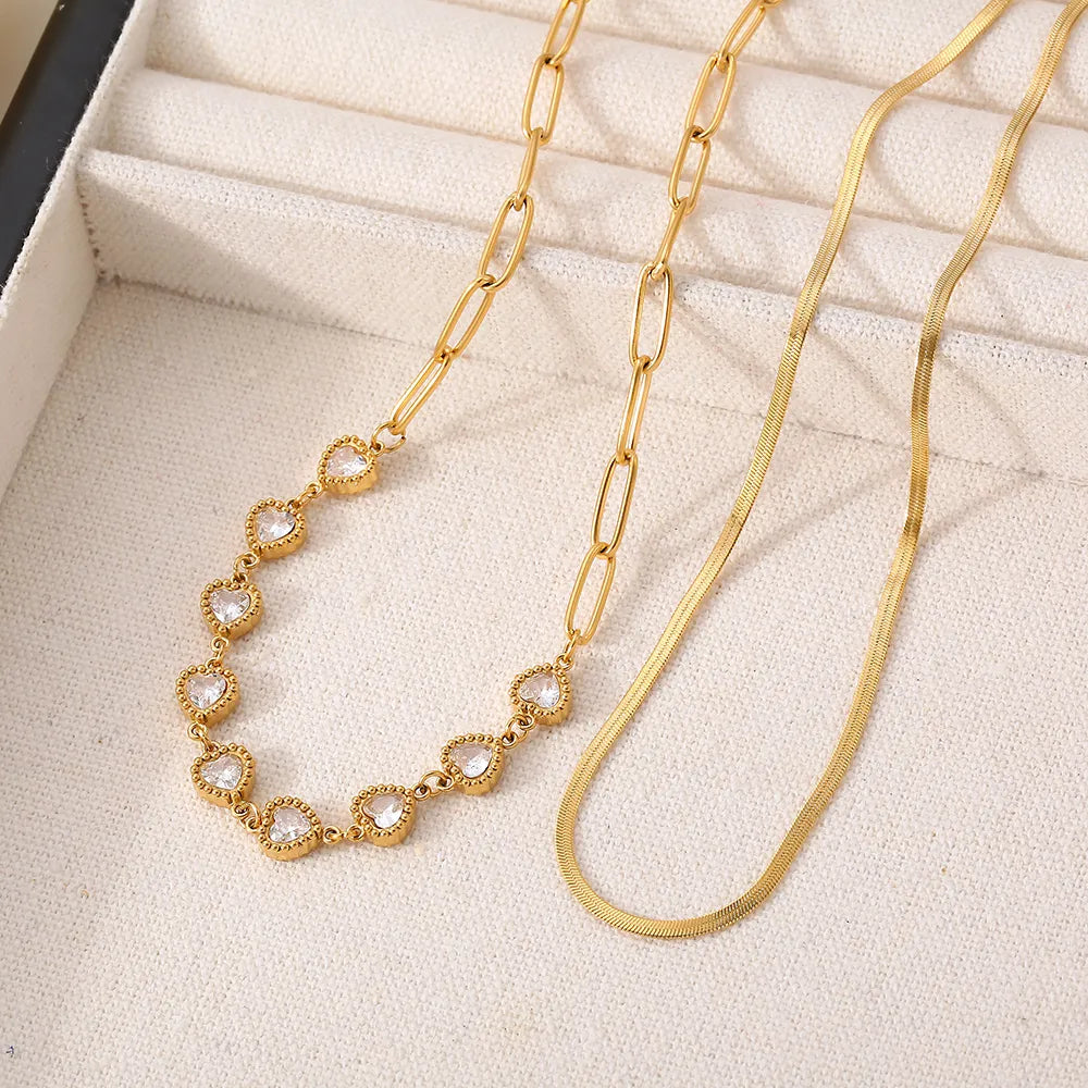 Wholesale Jewelry Punk British Style Heart Shape Solid Color 304 Stainless Steel Zircon 18K Gold Plated Inlay Necklace