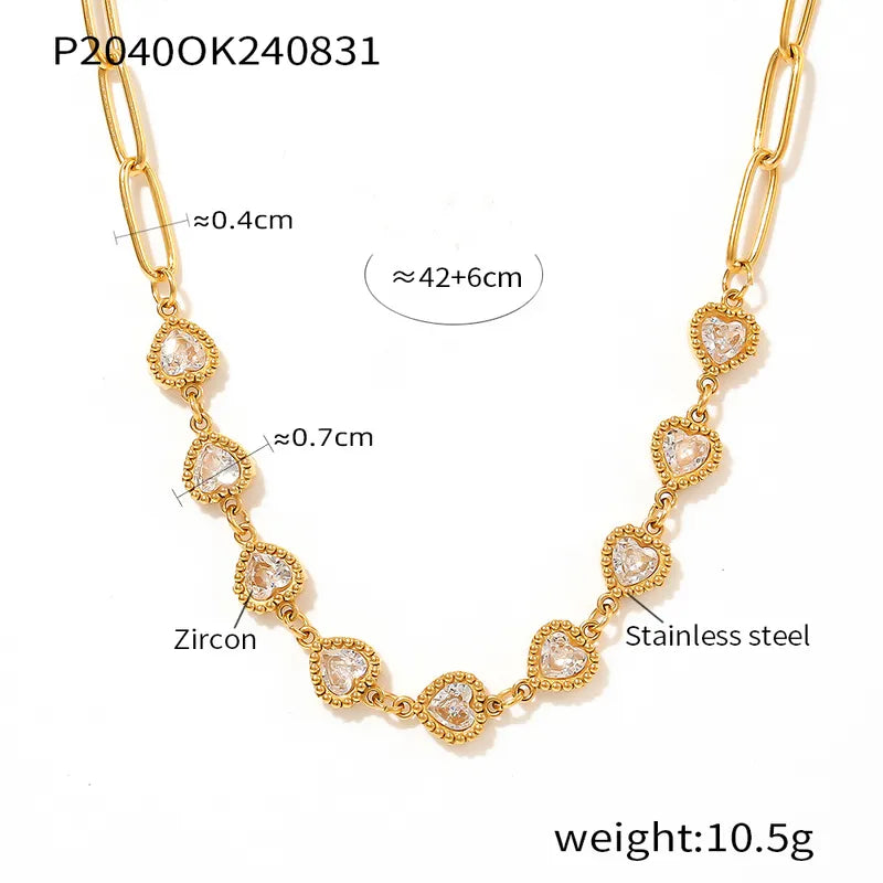 Wholesale Jewelry Punk British Style Heart Shape Solid Color 304 Stainless Steel Zircon 18K Gold Plated Inlay Necklace