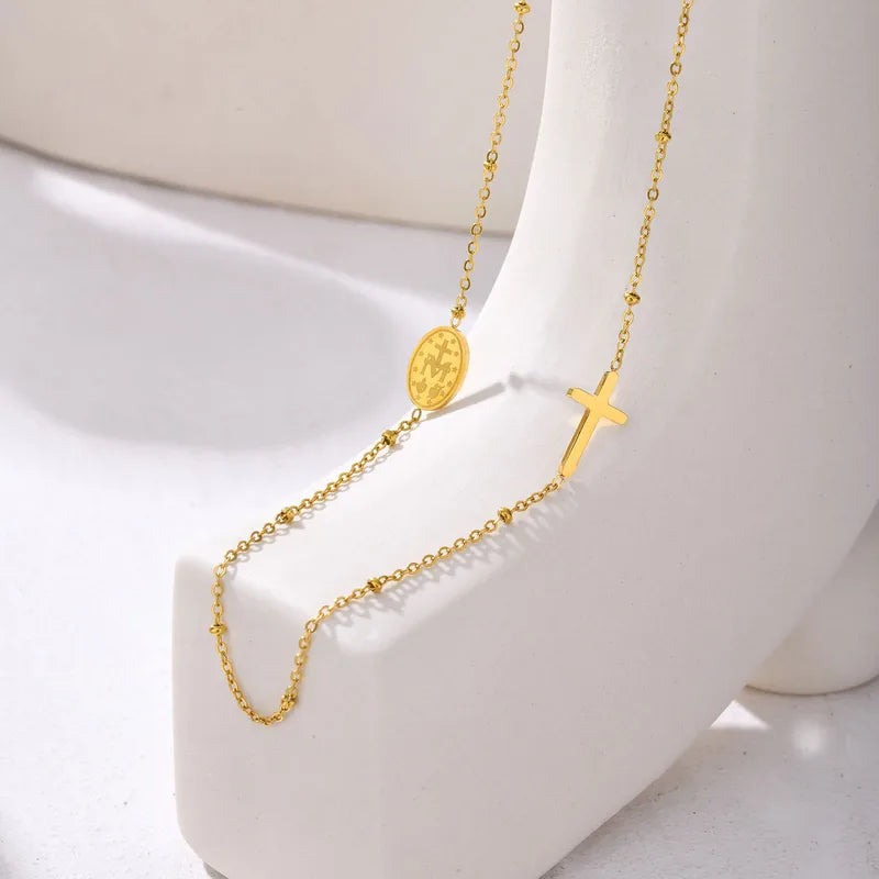 Wholesale Jewelry Religion Classic Style Cross Virgin Mary 201 Stainless Steel 18K Gold Plated Necklace Cable Chain