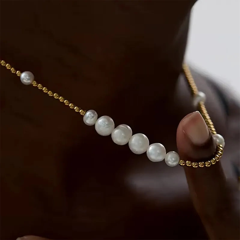 Wholesale Jewelry Retro British Style Solid Color 304 Stainless Steel Natural Shell Pearls 18K Gold Plated Beaded Plating Inlay Necklace