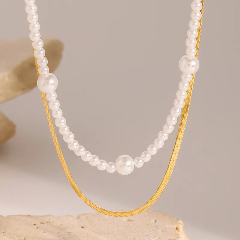 Wholesale Jewelry Retro Classic Style Geometric 304 Stainless Steel Glass Pearl Double Layer Necklaces