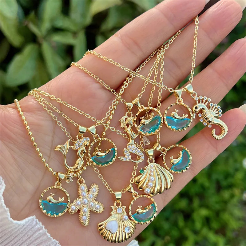 Wholesale Jewelry Retro Classic Style Hippocampus Mermaid Shell Copper Pearl Zircon 18K Gold Plated Inlay Pendant Necklace