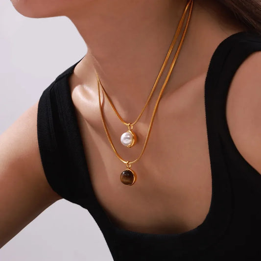 Wholesale Jewelry Retro Classic Style Round 304 Stainless Steel Artificial Pearls Tiger Eye 18K Gold Plated Plating Inlay Pendant Necklace