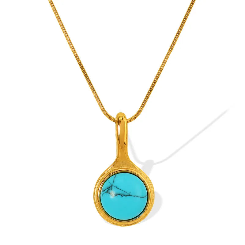 Wholesale Jewelry Retro Classic Style Round 304 Stainless Steel Turquoise 18K Gold Plated Plating Inlay Pendant Necklace