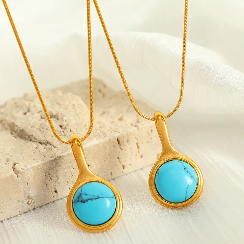 Wholesale Jewelry Retro Classic Style Round 304 Stainless Steel Turquoise 18K Gold Plated Plating Inlay Pendant Necklace