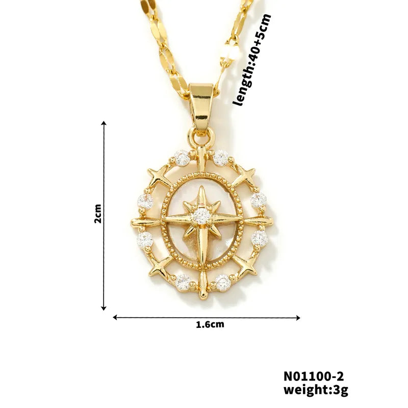 Wholesale Jewelry Retro Classic Style Round Star 304 Stainless Steel Copper Zircon K Gold Plated Rhodium Plated Inlay Pendant Necklace