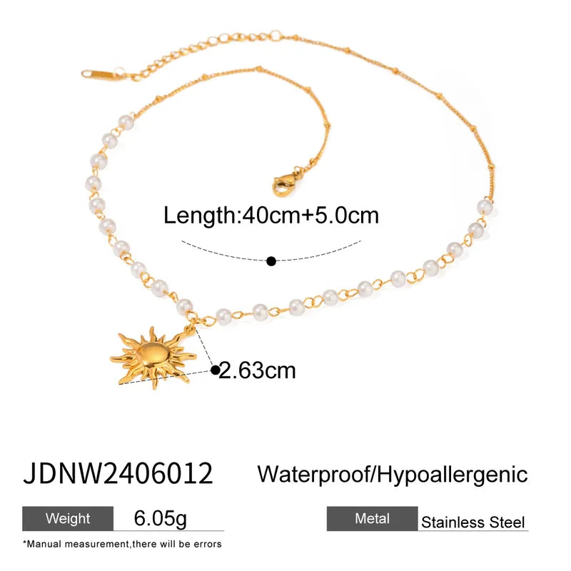 Wholesale Jewelry Retro Exaggerated Sun 304 Stainless Steel Imitation Pearl Plating Pendant Necklace Paperclip Chain Cable Chain