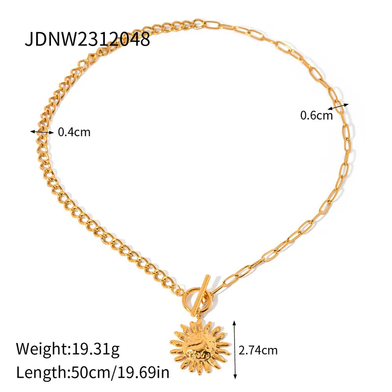 Wholesale Jewelry Retro Exaggerated Sun 304 Stainless Steel Imitation Pearl Plating Pendant Necklace Paperclip Chain Cable Chain