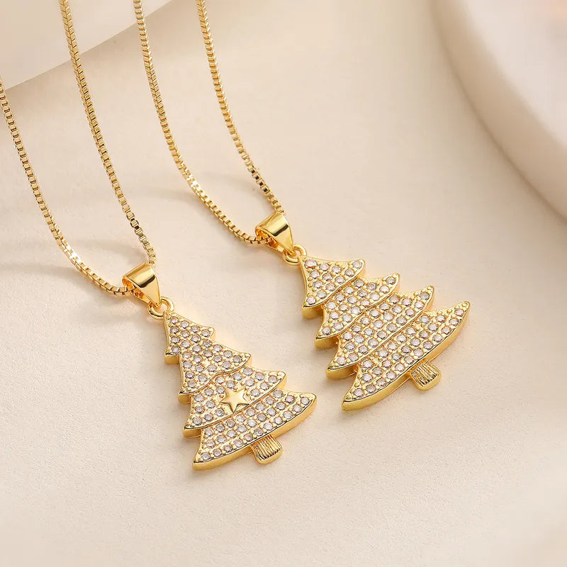 Wholesale Jewelry Retro Simple Style Commute Christmas Tree Copper Zircon Inlay Pendant Necklace