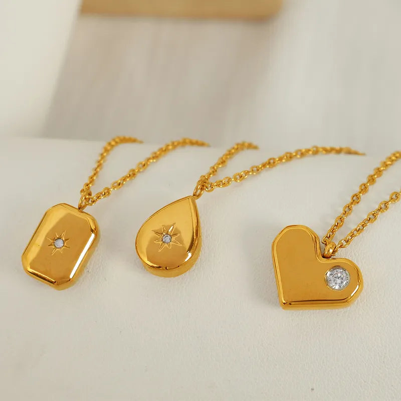 Wholesale Jewelry Retro Simple Style Water Droplets Heart Shape Titanium Steel Zircon Inlay Pendant Necklace