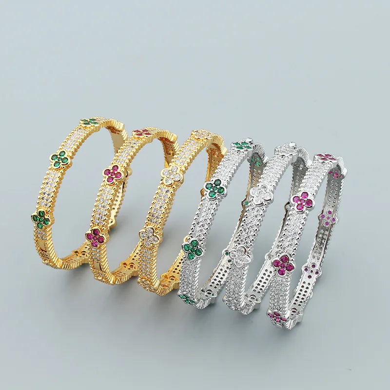 Wholesale Jewelry Shiny Four Leaf Clover Copper Zircon Plating Inlay Bangle