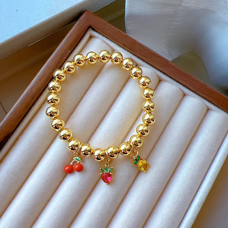 Wholesale Jewelry Simple Style Cherry Fruit Pineapple Copper 18K Gold Plated Beaded Polishing Plating Bracelets Beaded Chain