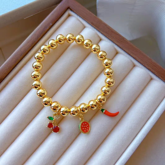 Wholesale Jewelry Simple Style Cherry Fruit Pineapple Copper 18K Gold Plated Beaded Polishing Plating Bracelets Beaded Chain