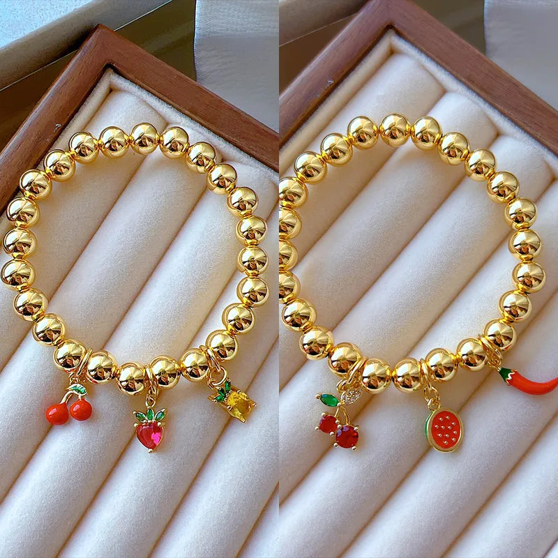 Wholesale Jewelry Simple Style Cherry Fruit Pineapple Copper 18K Gold Plated Beaded Polishing Plating Bracelets Beaded Chain