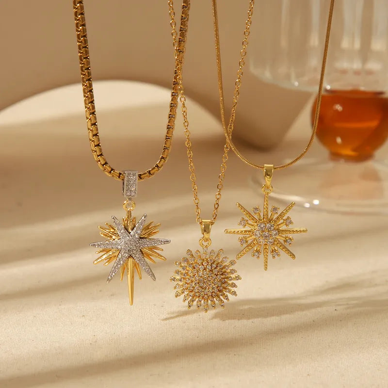 Wholesale Jewelry Simple Style Classic Style Commute Star Snowflake 304 Stainless Steel Copper Zircon 18K Gold Plated Inlay Pendant Necklace