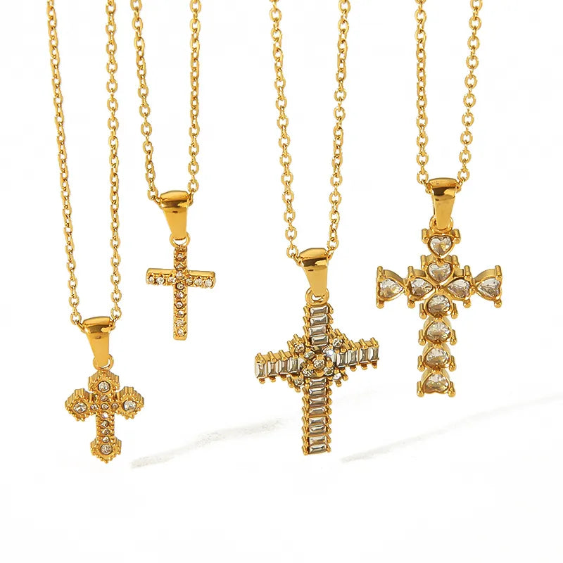 Wholesale Jewelry Simple Style Classic Style Cross 304 Stainless Steel Zircon 18K Gold Plated Plating Inlay Pendant Necklace