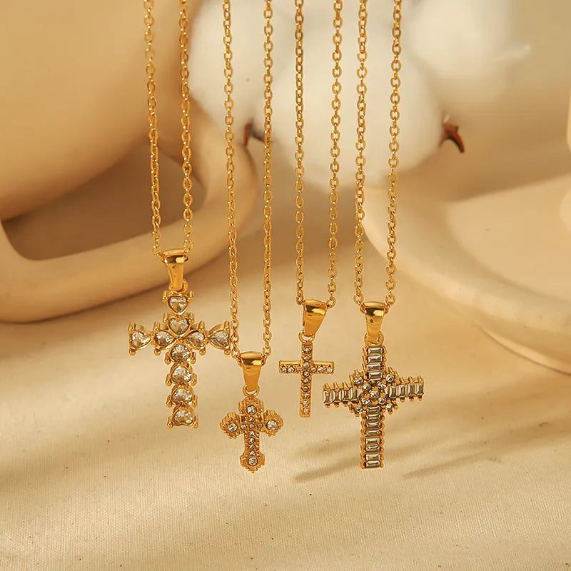 Wholesale Jewelry Simple Style Classic Style Cross 304 Stainless Steel Zircon 18K Gold Plated Plating Inlay Pendant Necklace