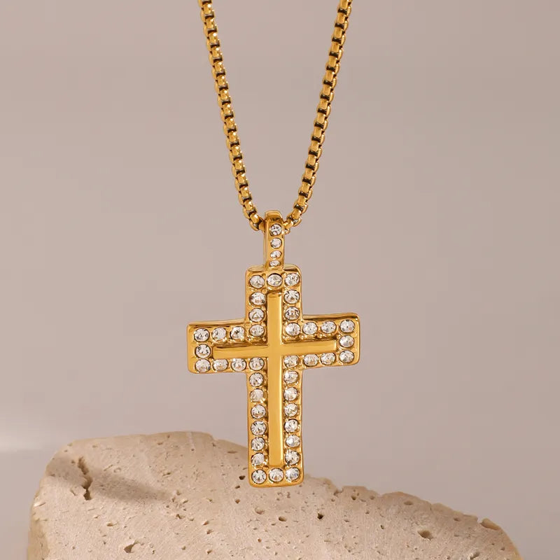 Wholesale Jewelry Simple Style Classic Style Cross 304 Stainless Steel Zircon Inlay Pendant Necklace