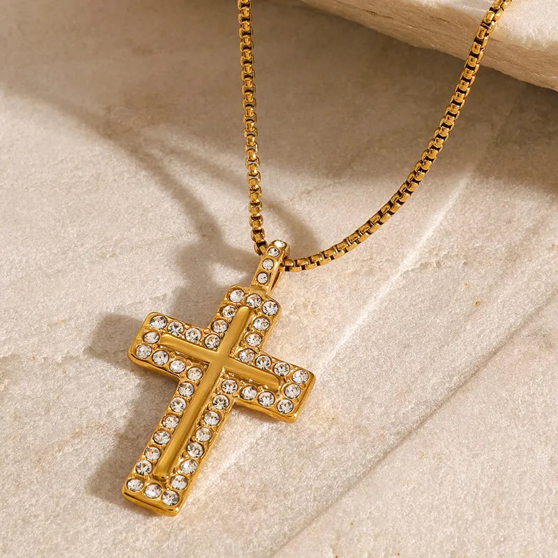 Wholesale Jewelry Simple Style Classic Style Cross 304 Stainless Steel Zircon Inlay Pendant Necklace