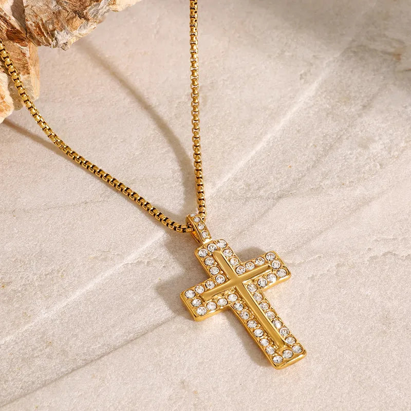 Wholesale Jewelry Simple Style Classic Style Cross 304 Stainless Steel Zircon Inlay Pendant Necklace