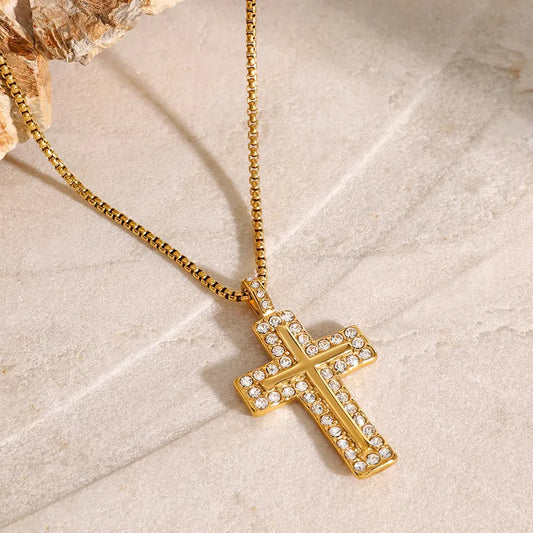 Wholesale Jewelry Simple Style Classic Style Cross 304 Stainless Steel Zircon Inlay Pendant Necklace