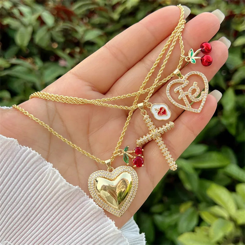 Wholesale Jewelry Simple Style Classic Style Cross Cherry Heart Shape Copper Zircon 18K Gold Plated Inlay Pendant Necklace