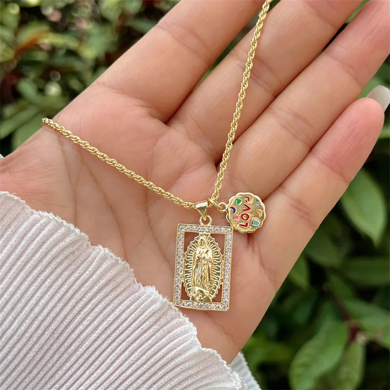 Wholesale Jewelry Simple Style Classic Style Cross Virgin Mary Heart Shape Copper Zircon 18K Gold Plated Inlay Pendant Necklace