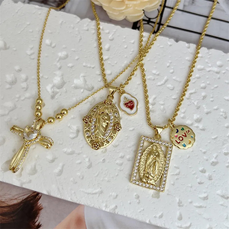 Wholesale Jewelry Simple Style Classic Style Cross Virgin Mary Heart Shape Copper Zircon 18K Gold Plated Inlay Pendant Necklace