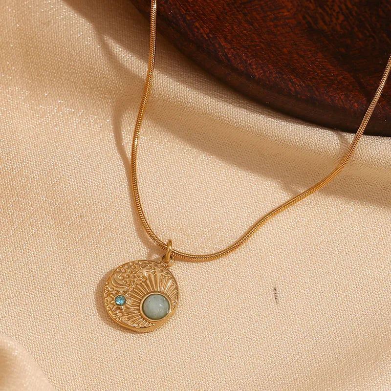 Wholesale Jewelry Simple Style Classic Style Round 304 Stainless Steel Turquoise Inlay Pendant Necklace