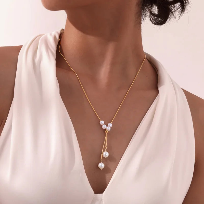 Wholesale Jewelry Simple Style Classic Style Solid Color 201 Stainless Steel Artificial Pearl 18K Gold Plated Long Necklace