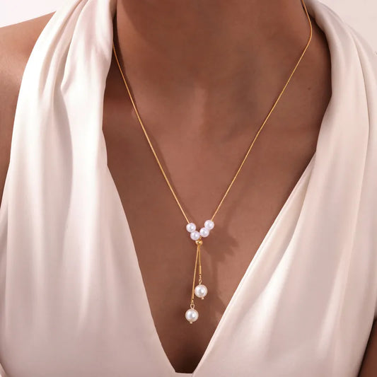 Wholesale Jewelry Simple Style Classic Style Solid Color 201 Stainless Steel Artificial Pearl 18K Gold Plated Long Necklace