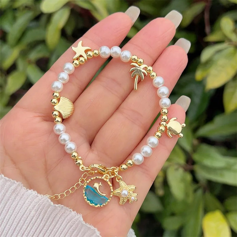 Wholesale Jewelry Simple Style Classic Style Starfish Mermaid Shell Imitation Pearl Copper Zircon 18K Gold Plated Inlay Bracelets Beaded Chain