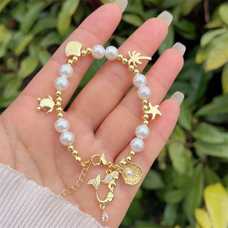 Wholesale Jewelry Simple Style Classic Style Starfish Mermaid Shell Imitation Pearl Copper Zircon 18K Gold Plated Inlay Bracelets Beaded Chain