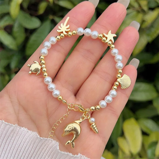 Wholesale Jewelry Simple Style Classic Style Starfish Mermaid Shell Imitation Pearl Copper Zircon 18K Gold Plated Inlay Bracelets Beaded Chain