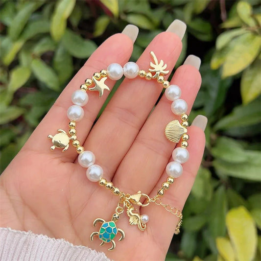 Wholesale Jewelry Simple Style Classic Style Starfish Mermaid Shell Imitation Pearl Copper Zircon 18K Gold Plated Inlay Bracelets Beaded Chain