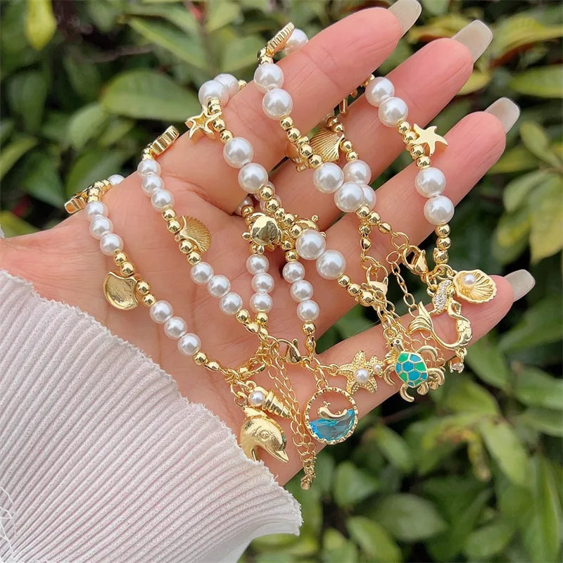 Wholesale Jewelry Simple Style Classic Style Starfish Mermaid Shell Imitation Pearl Copper Zircon 18K Gold Plated Inlay Bracelets Beaded Chain