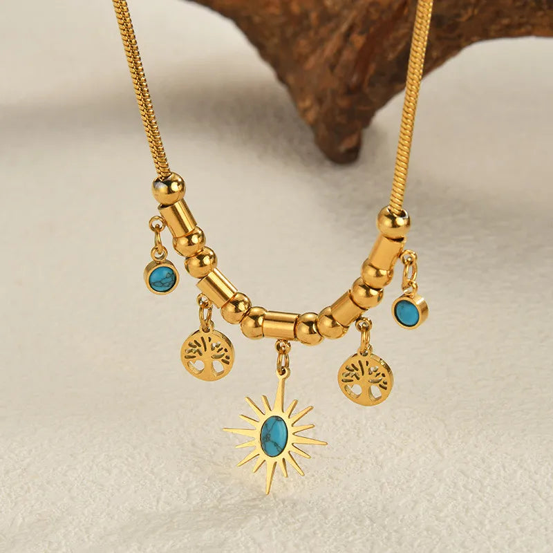 Wholesale Jewelry Simple Style Classic Style Sun 304 Stainless Steel Turquoise Inlay Pendant Necklace