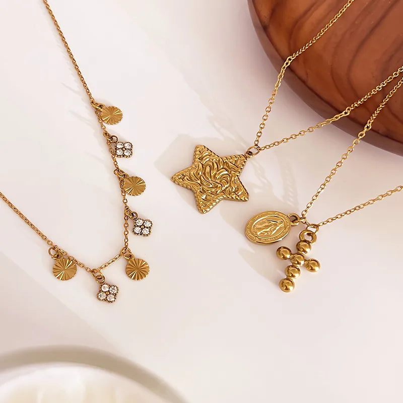 Wholesale Jewelry Simple Style Commute Pentagram Geometric 316L Stainless Steel Rhinestones 18K Gold Plated Inlay Pendant Necklace