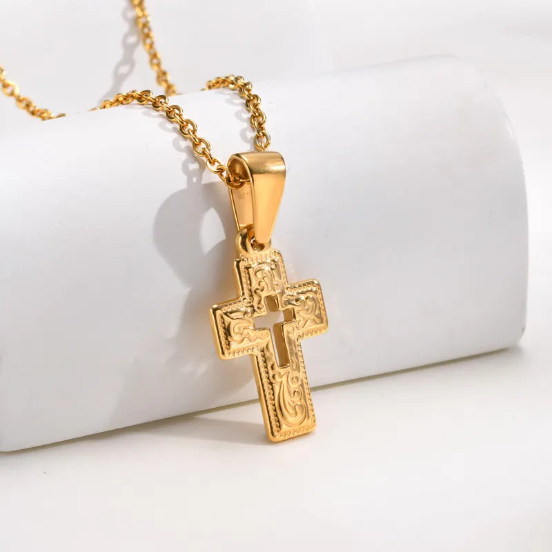 Wholesale Jewelry Simple Style Cross 201 Stainless Steel 18K Gold Plated Plating Hollow Out Pendant Necklace