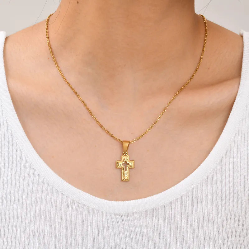 Wholesale Jewelry Simple Style Cross 201 Stainless Steel 18K Gold Plated Plating Hollow Out Pendant Necklace