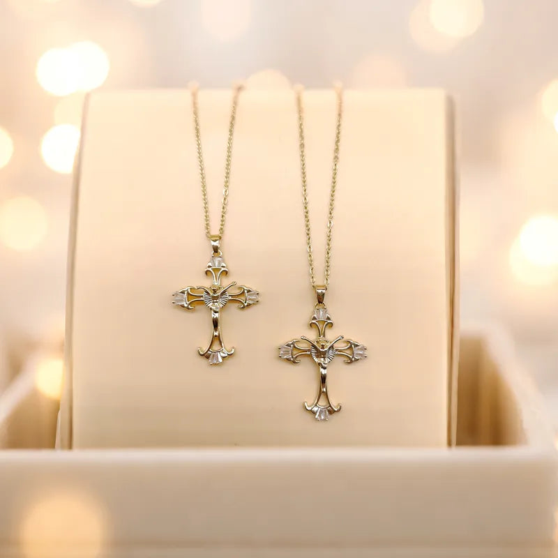 Wholesale Jewelry Simple Style Cross 304 Stainless Steel Copper Zircon Hanging Plating KC Gold Electrophoresis Hanging Plated White K Inlay Pendant Necklace