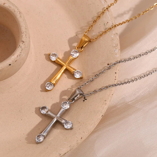 Wholesale Jewelry Simple Style Cross 304 Stainless Steel Rhinestones 18K Gold Plated Plating Inlay Pendant Necklace