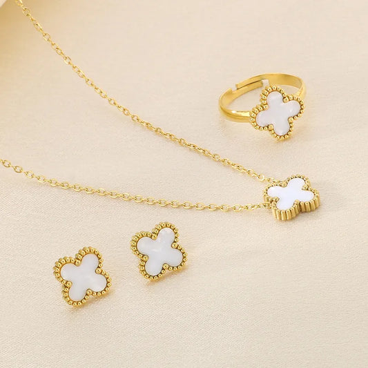 Wholesale Jewelry Simple Style Four Leaf Clover 304 Stainless Steel 18K Gold Plated Jewelry Set