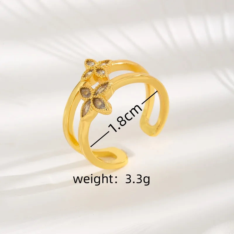 Wholesale Jewelry Simple Style Four Leaf Clover Copper Zircon 18K Gold Plated Open Rings