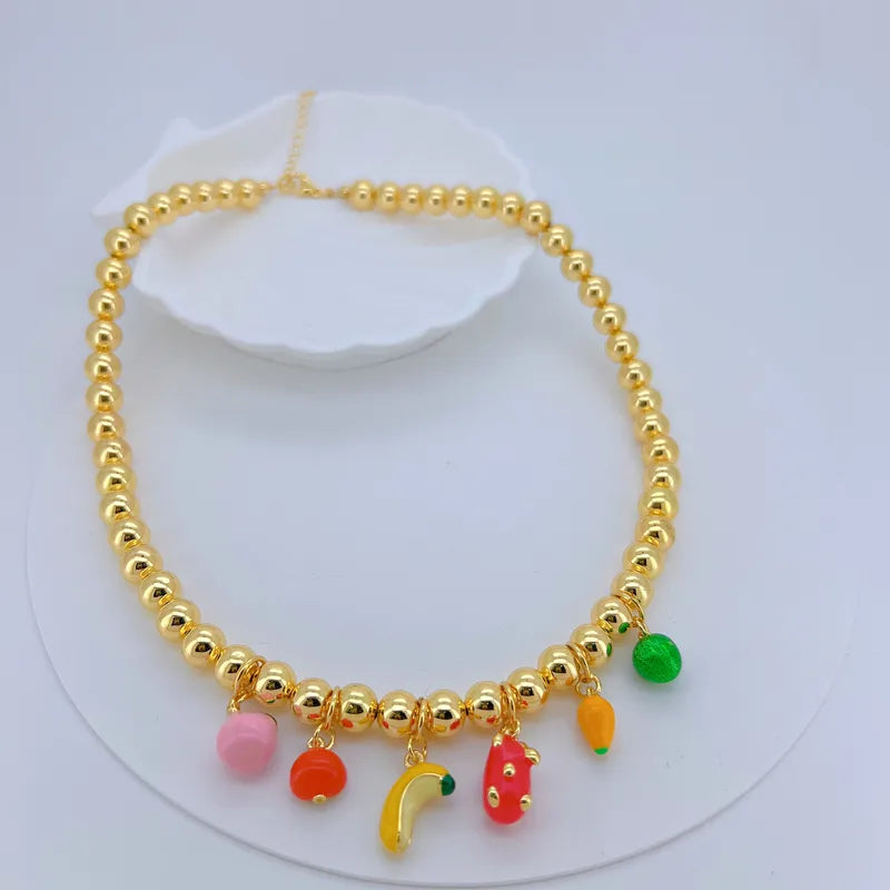 Wholesale Jewelry Simple Style Peach Fruit Banana Copper 18K Gold Plated Polishing Enamel Plating Bracelets Necklace Jewelry Set Beaded Chain