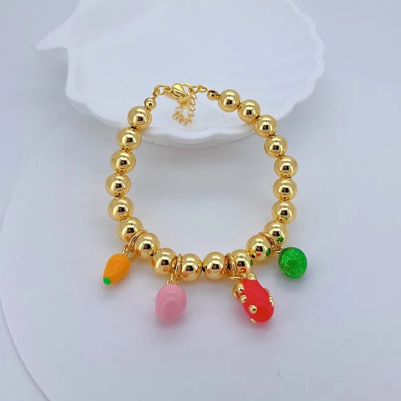 Wholesale Jewelry Simple Style Peach Fruit Banana Copper 18K Gold Plated Polishing Enamel Plating Bracelets Necklace Jewelry Set Beaded Chain