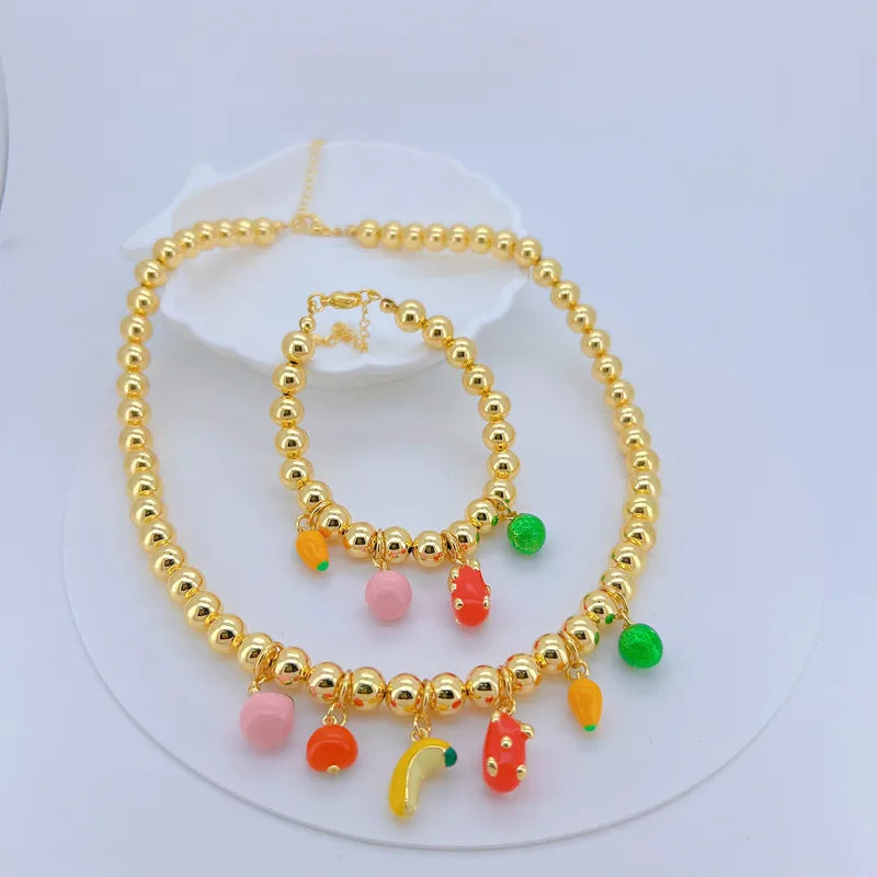 Wholesale Jewelry Simple Style Peach Fruit Banana Copper 18K Gold Plated Polishing Enamel Plating Bracelets Necklace Jewelry Set Beaded Chain