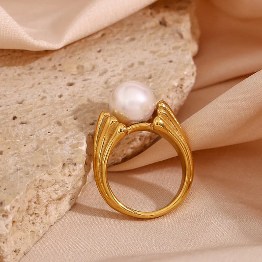 Wholesale Jewelry Simple Style Solid Color 304 Stainless Steel Pearl Zircon 18K Gold Plated Plating Inlay Rings